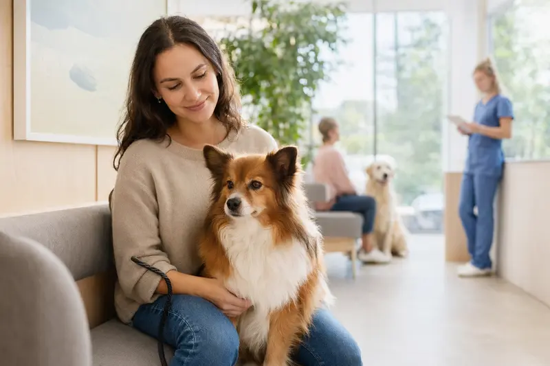 Ein Holländischer Spitz sitzt ruhig neben seinem Besitzer im hellen Wartezimmer einer modernen Tierarztpraxis.
